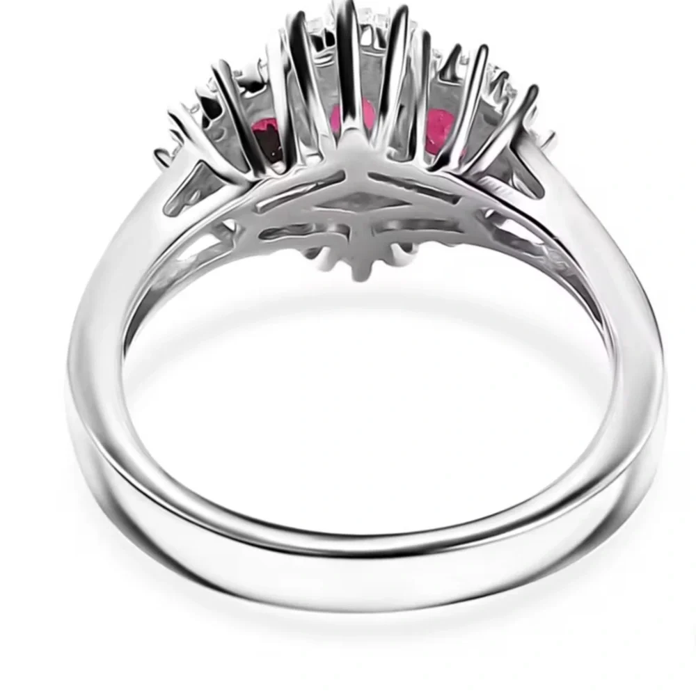 Montepuez Ruby and Moissanite Art Deco Ring in Rhodium Over Sterling Silver